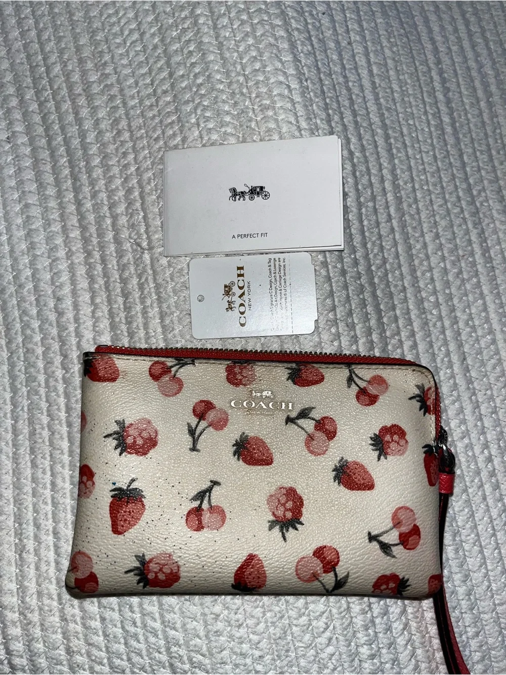 Coach Cream Wristlet with Red Berry Print